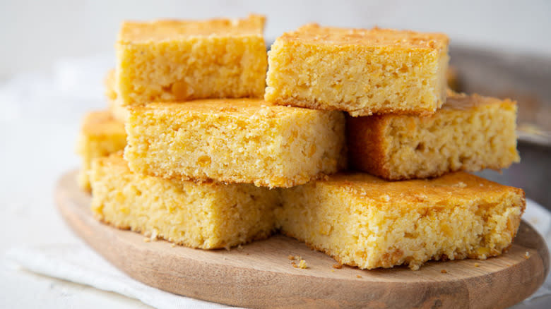 pile of cornbread on wooden board