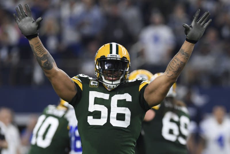 Former Green Bay Packers pass rusher Julius Peppers is a finalist for the Pro Football Hall of Fame in his first year of eligibility. File Photo by Shane Roper/UPI