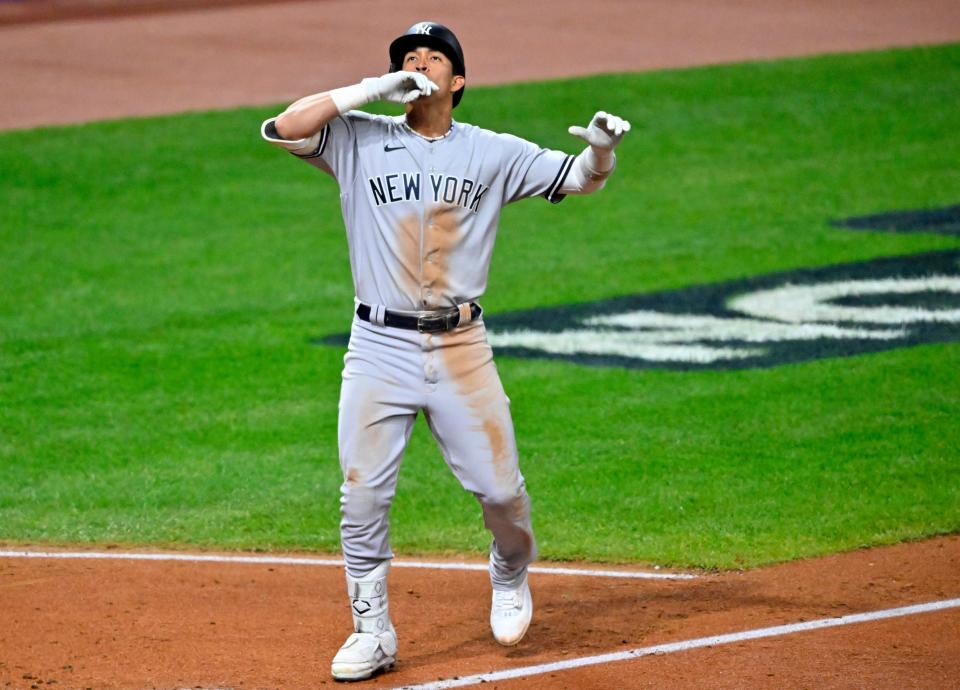 New York Yankees first baseman Oswaldo Cabrera hits a home run on Oct. 15, 2022.