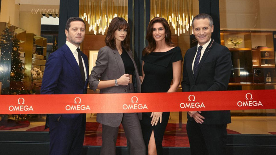 Arnaud Michon, Kaia Gerber, Cindy Crawford and Raynald Aeschlimann at Omega’s San Francico Boutique - Credit: Omega