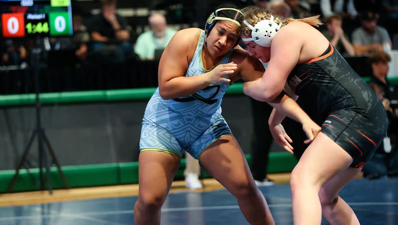 Westlake’s Keilikki Nau Rarick wrestles Murray’s Cheyenne Ruiz during the Ross Brunson Utah All-Star Dual at the UCCU Events Center in Orem, on Tuesday, Jan. 9, 2024. Nau Rarick won.