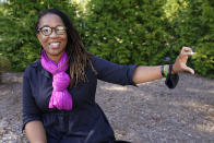 Third party gubernatorial candidate Princess Blanding gestures during an interview in Saluda, Va., Friday, Oct. 1, 2021. Blanding, a Black activist and educator known for her dogged advocacy for racial justice and police reforms, is making a long-shot third-party bid for Virginia governor. (AP Photo/Steve Helber)