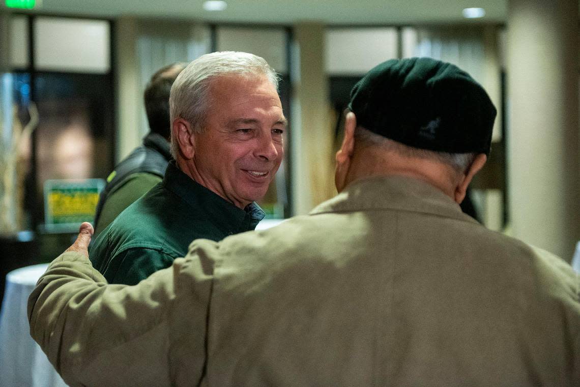 State Assembly 27th District candidate Mark Pazin welcomes guests to an election night party at the Courtyard by Marriott in Merced, Calif., on Tuesday, Nov. 8, 2022.