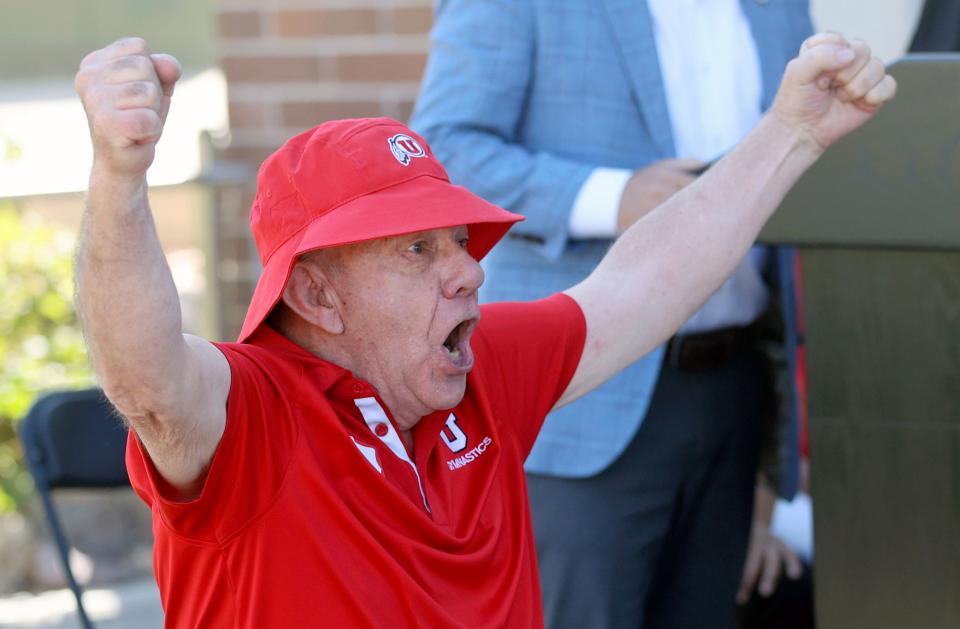 John Bircumshaw leads a cheer during a ribbon-cutting event for the Dumke Gymnastics Center’s expansion at the University of Utah in Salt Lake City on Thursday, Aug. 17, 2023. | Kristin Murphy, Deseret News