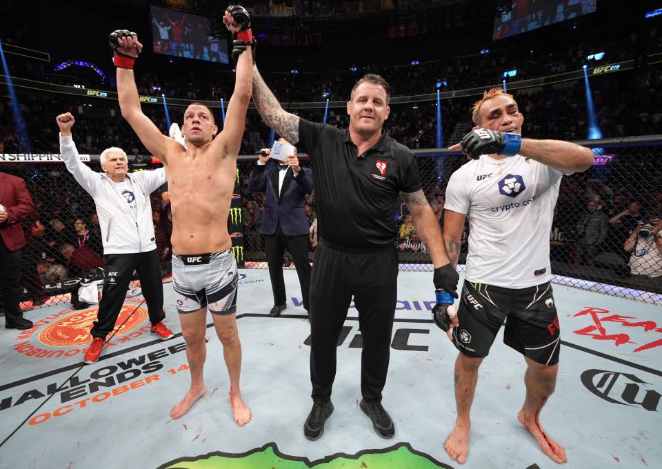 LAS VEGAS, NEVADA - SEPTEMBER 10: Nate Diaz reacts after his submission victory over Tony Ferguson in a welterweight fight during the UFC 279 event at T-Mobile Arena on September 10, 2022 in Las Vegas, Nevada. (Photo by Jeff Bottari/Zuffa LLC)