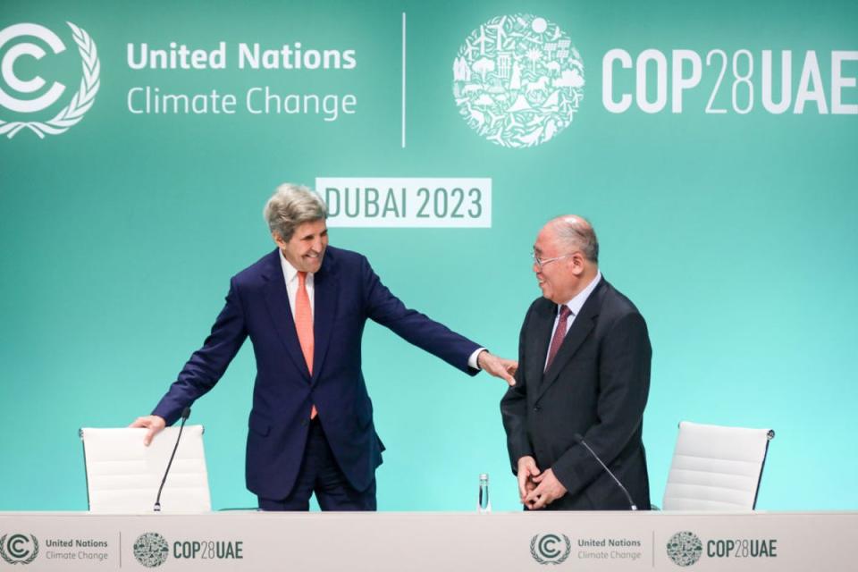 John Kerry, U.S. Special Presidential Envoy for Climate, and his Chinese counterpart Xie Zhenhua give a joint news conference at Cop28 (Getty Images)