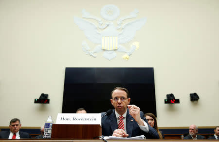 Deputy U.S. Attorney General Rod Rosenstein testifies to the House Judiciary Committee hearing on oversight of the Justice Department on Capitol Hill in Washington, U.S., December 13, 2017. REUTERS/Joshua Roberts