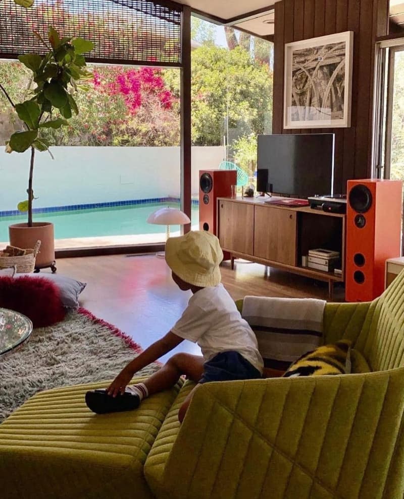 Mid Century living room with view to pool in backyard