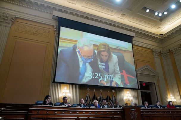 PHOTO: A video of House Speaker Nancy Pelosi and Senate Majority Leader Chuck Schumer during the Jan. 6, 2020 attack at the Capitol is played on a screen during a hearing of the Select Committee to Investigate the January 6th Attack, Oct. 13, 2022. (Bloomberg via Getty Images)