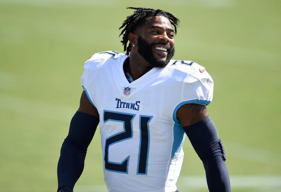 Titans cornerback Malcolm Butler enjoys the moment before the game against the Jaguars on Sept. 20, 2020.