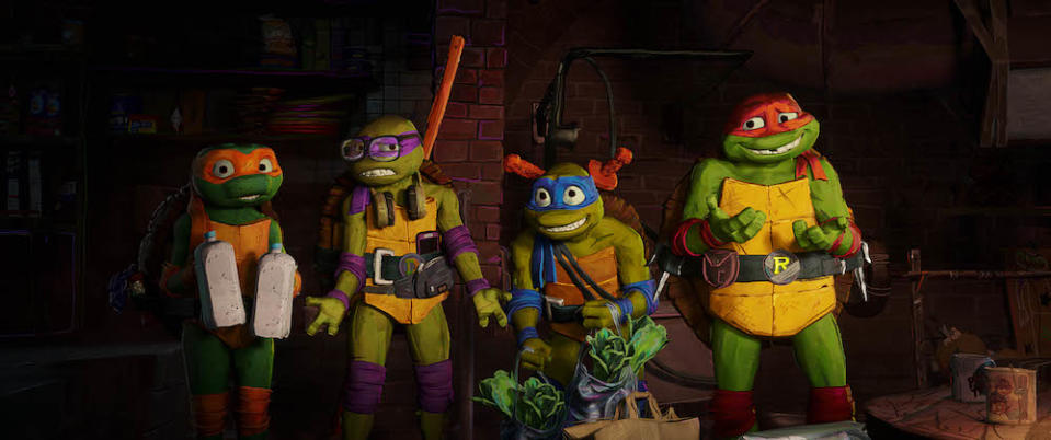 Michelangelo (Shamon Brown Jr), Donatello (Micah Abbey), Leonardo (Nicolas Cantu), and Raphael (Brady Noon) in Teenage Mutant Ninja Turtles: Mutant Mayhem. (Image: UIP Singapore)