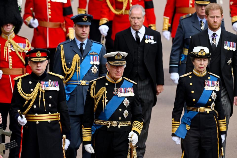 (from second left) Prince of Wales, King Charles III, Earl of Snowdon, Princess Royal and the Duke of Sussex, walk behind the State Hearse ahead of the Committal Service for Queen Elizabeth II at St George’s Chapel at Windsor Castle. Picture date: Monday September 19, 2022. (PA Wire)