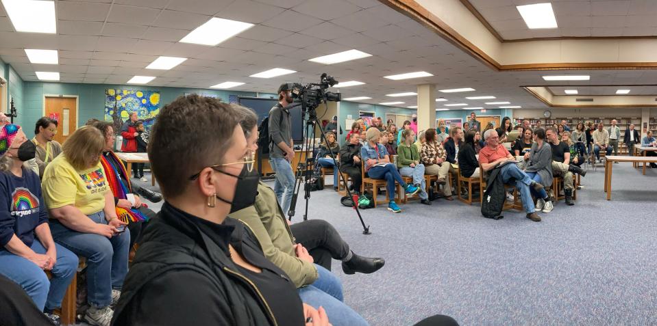 People listen to a teacher speak at the Sheboygan Falls school board meeting April 3, 2023. The public overwhelmingly spoke in support of the Gender and Sexuality Alliance and against resolutions proposed by board member Edward Brey.