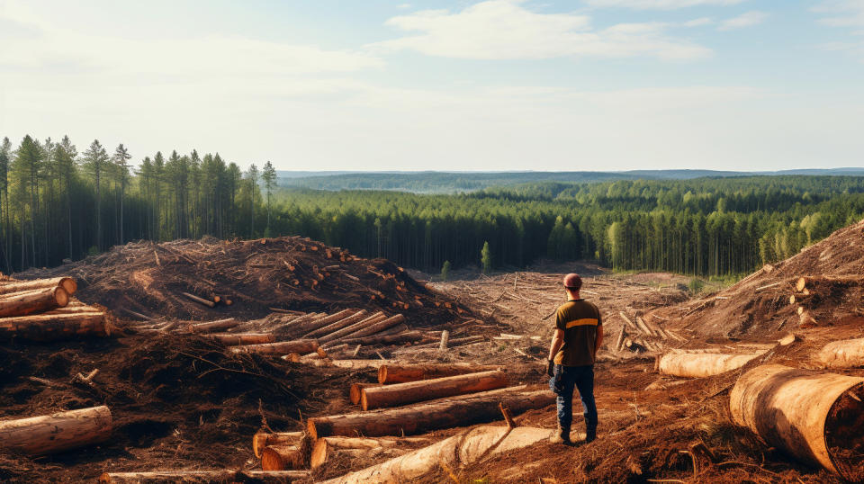 A panoramic view of a forest filled with trees used to make NBSK pulp, wood chips, and saw logs.