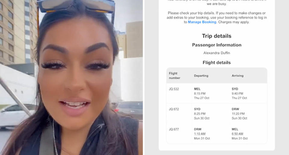 A Melbourne woman joked online about how her flight was cancelled and  she accidentally booked a 10 hour journey home from Sydney. Source: TikTok/alexandra.duffin