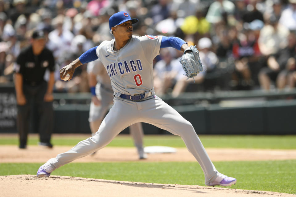 Chicago Cubs starter Marcus Stroman delivers a pitch during the first inning of a baseball game against the Chicago White Sox at Guaranteed Rate Field Sunday, May 29, 2022, in Chicago. (AP Photo/Paul Beaty)