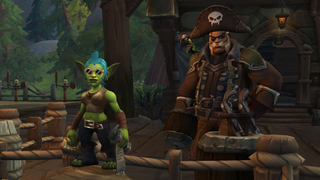  World of Warcraft Plunderstorm - a goblin and an orc with a pirate hat . 