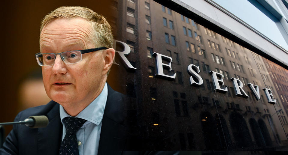 RBA governor Philip Lowe and Reserve Bank signage on the exterior of the building