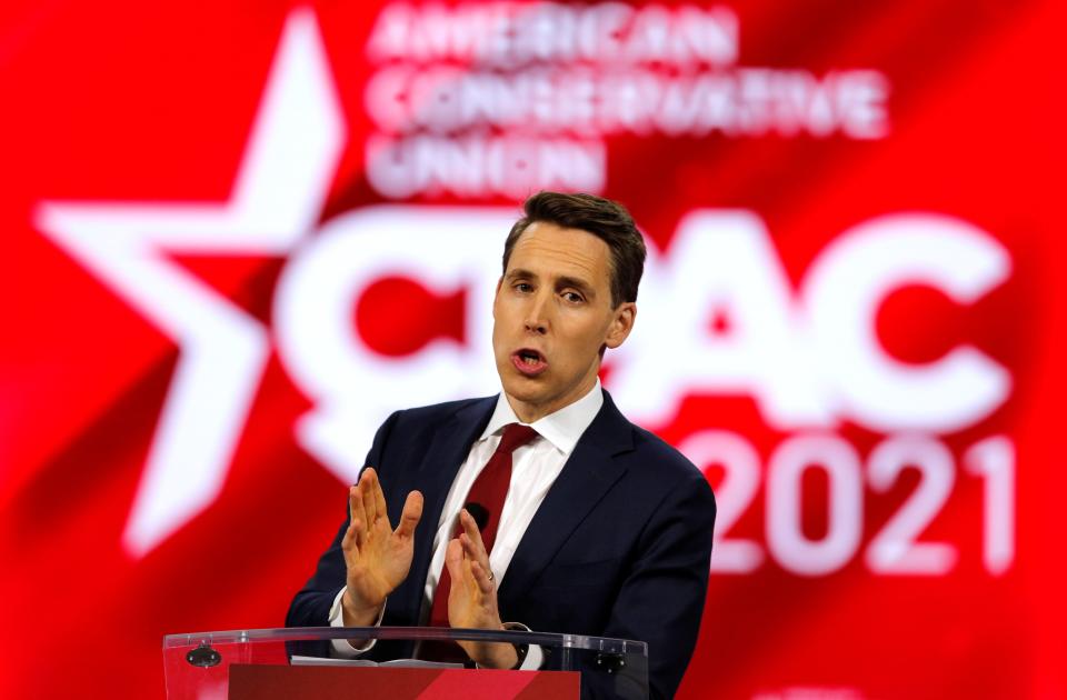 Republican representative Josh Hawley pictured at the Conservative Political Action Conference last week where he mocked cancel culture, despite decrying it onlineREUTERS