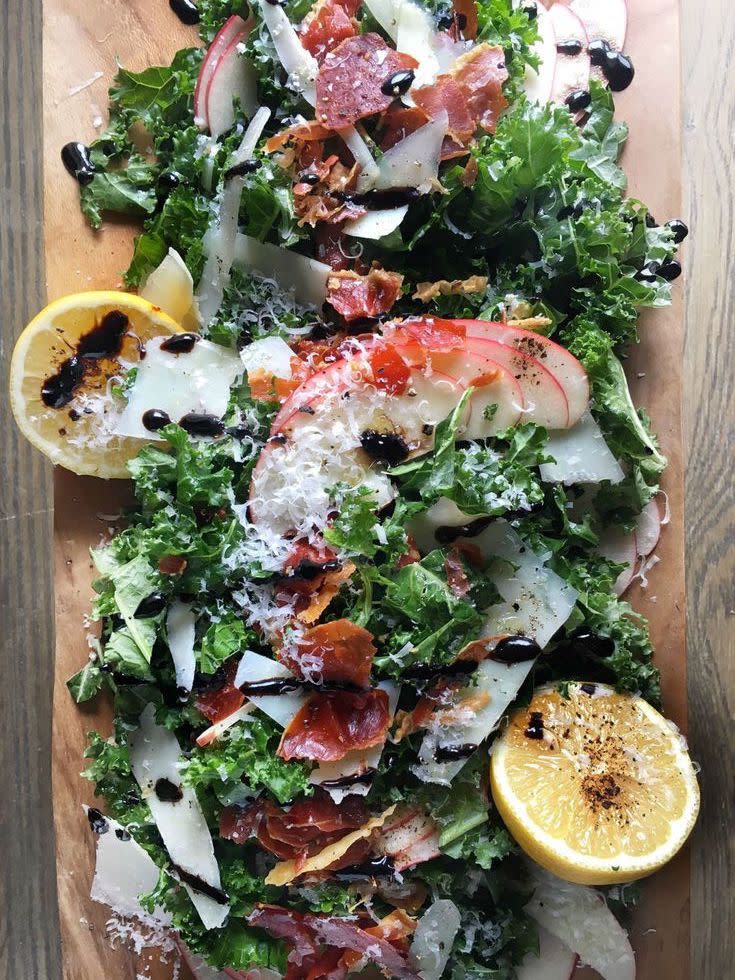 Kale, Apple, Pecorino Salad with Crispy Prosciutto and Balsamic Drizzle