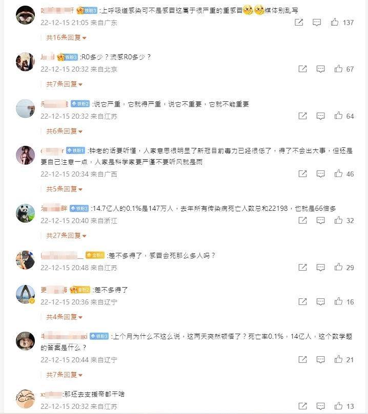 微博上不少網友吐槽鍾南山的說法。（翻攝自微博）
