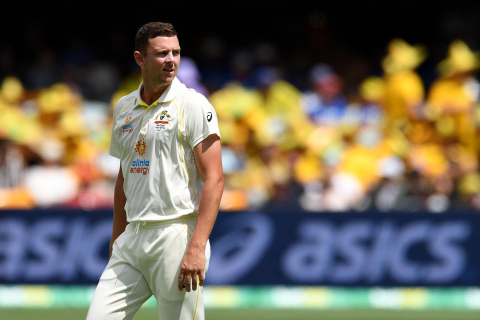 Josh Hazlewood (pictured) waits to bowl against England.