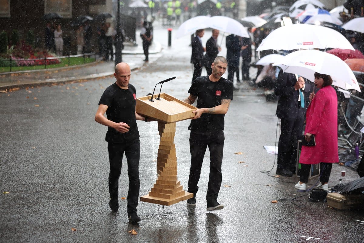 The twists and turns in the design of the lectern used by Liz Truss foreshadowed the drama to come during her brief spell as prime minister  (Reuters)