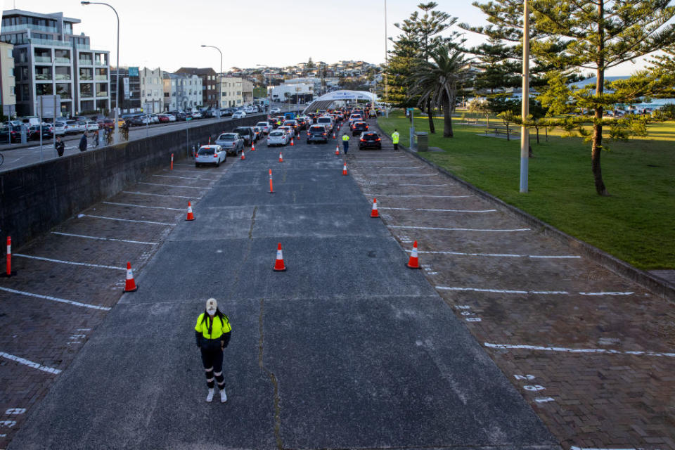 A general view of Bondi Beach Drive-through Covid-19 Clinic in Sydney, Australia.