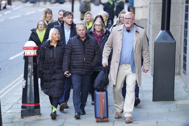 The family of Harry Dunn mother Charlotte Charles (front left), stepfather Bruce Charles (front centre) and family advisor Radd Seiger (front right), arriving at the Old Bailey 