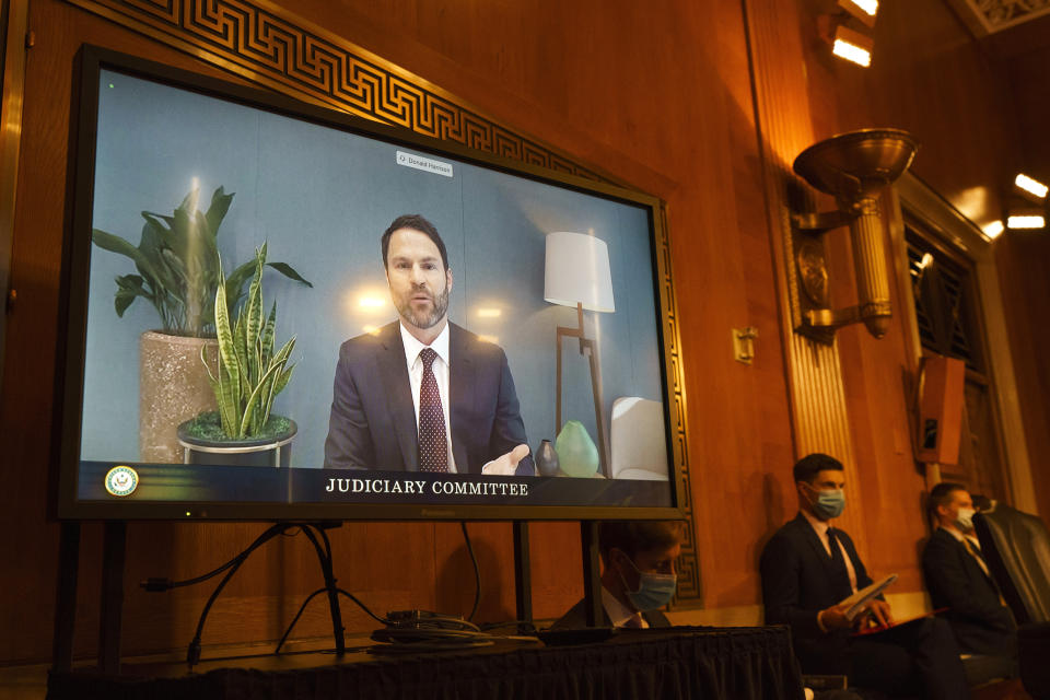 Donald Harrison, President of Global Partnerships and Corporate Development for Google, testifies via video conference during a Judiciary Subcommittee on Antitrust, Competition Policy and Consumer rights hearing to examine whether Google harmed competition in online advertising, Tuesday, Sept. 15, 2020, on Capitol Hill in Washington. (AP Photo/Jacquelyn Martin)