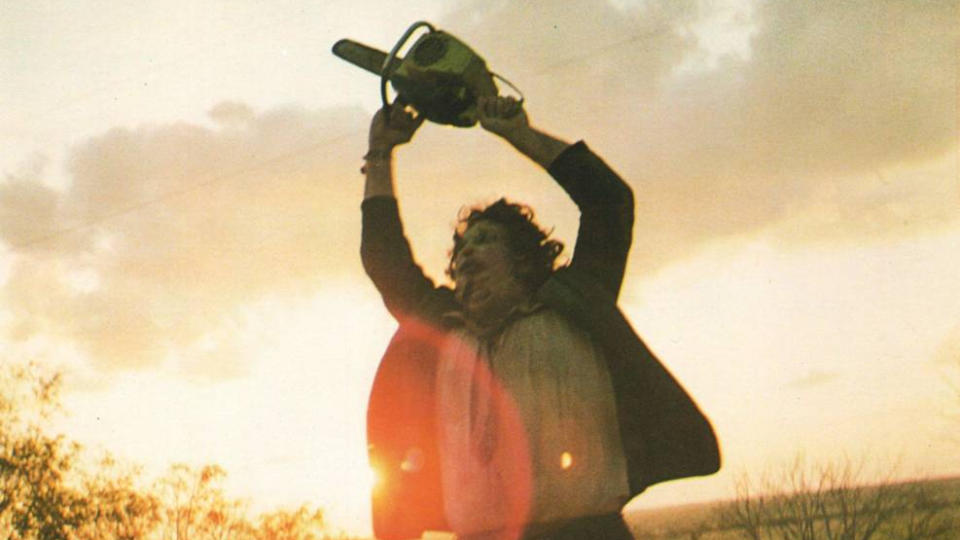 Gunnar Hansen raises his weapon in frustration in the final scene of 'The Texas Chainsaw Massacre'.