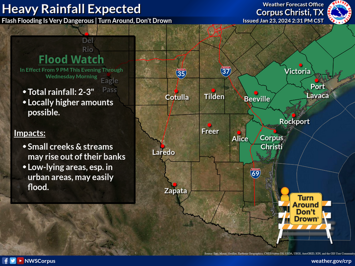 A Flood Watch is now in effect for the Coastal Bend, Coastal Plains, and Victoria Crossroads this evening through Wednesday morning. Saturated soils combined with additional rainfall may quickly lead to flash flooding.