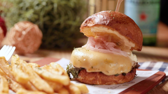 Cheese and Whiskers, with 4 different types of cheese hammed into the burger with a side of fries