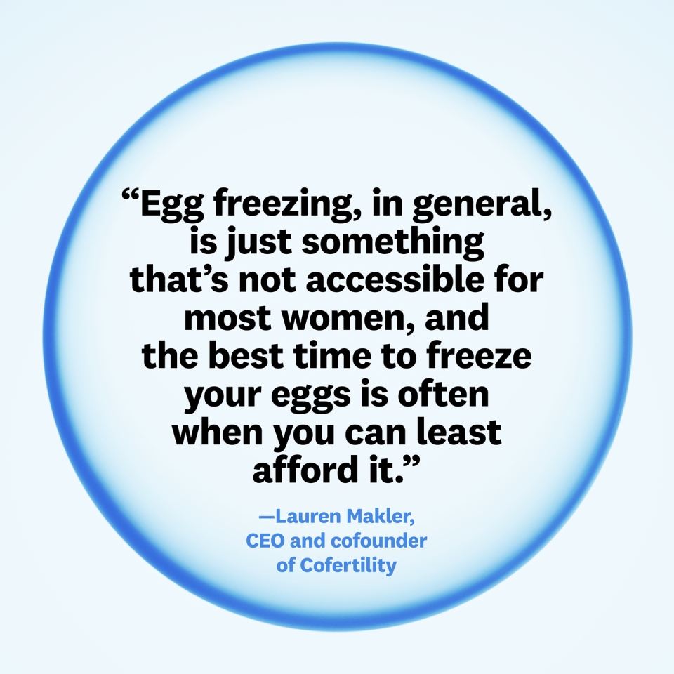 text reads egg freezing, in general, is just something that's not accessible for most women, and the best time to freeze your eggs is often when you can least afford it, from lauren makler, ceo and cofounder of cofertility