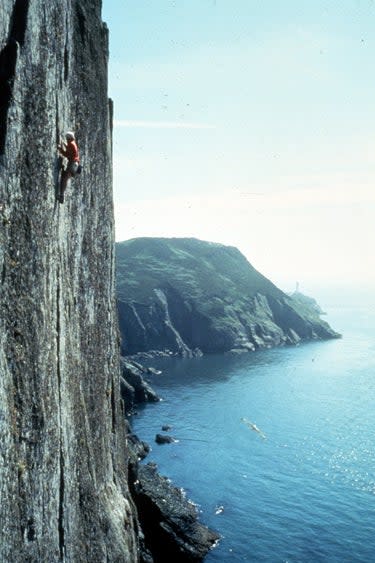 Barber in a red shirt and trademark hat free soloing high above the ocean. There's a gull wheeling around just below him.