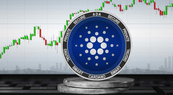 A concept token for Cardano with a trading chart in the background.