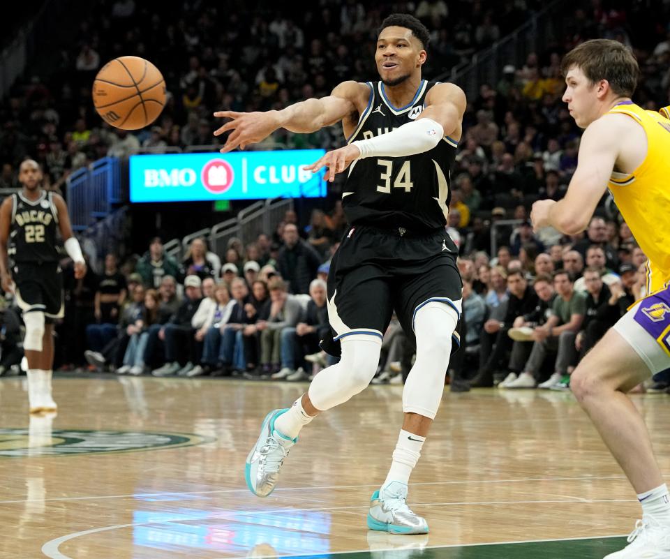 Milwaukee Bucks forward Giannis Antetokounmpo (34) passes the ball during the first overtime of their game Tuesday March 26, 2024 at Fiserv Forum in Milwaukee, Wisconsin. The Los Angeles Lakers beat the Milwaukee Bucks 128-128 in double overtime.

Mark Hoffman/Milwaukee Journal Sentinel