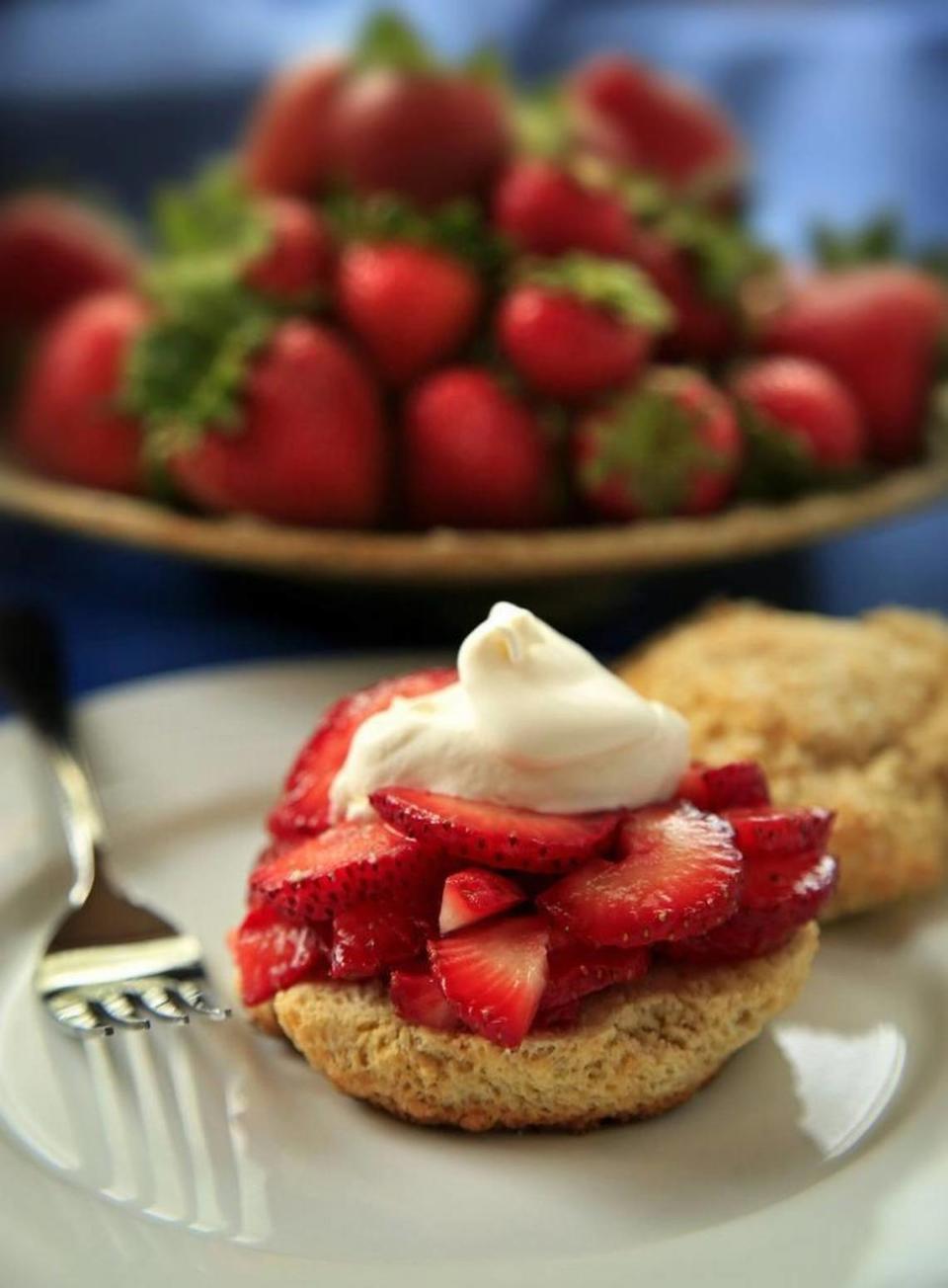 Strawberry shortcake is served with a dollop of whipped cream.
