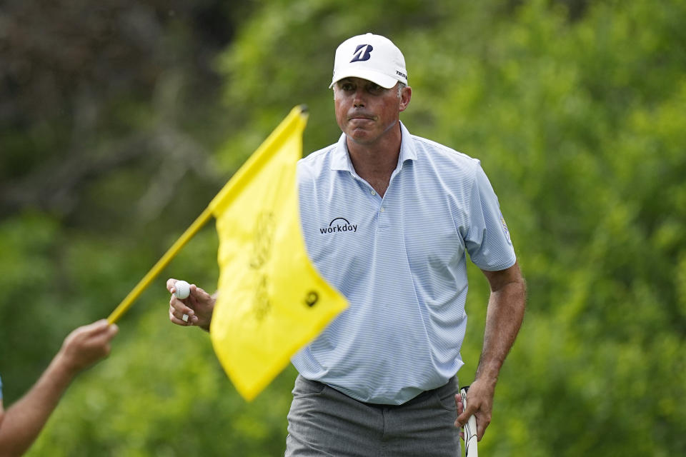 Matt Kuchar acknowledges the gallery after his putt on the ninth hole during the second round of the Dell Technologies Match Play Championship golf tournament in Austin, Texas, Thursday, March 23, 2023. (AP Photo/Eric Gay)