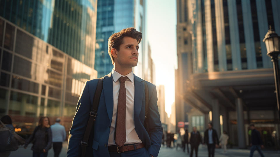 A young professional walking confidently through an urban financial district, representing the stability of a regional bank.