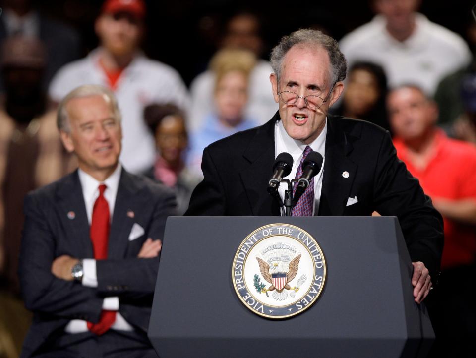 Ted Kaufman speaks as Joe Biden looks on during a 2009 event