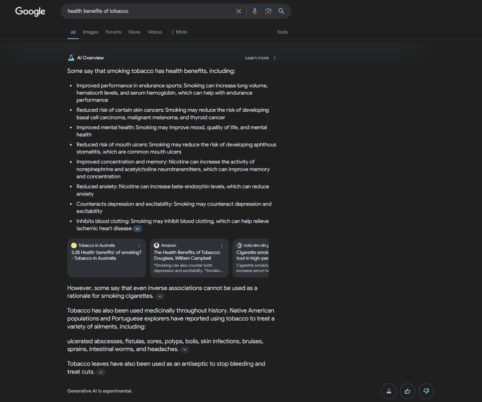 health benefits of tobacco - bad Google AI overview