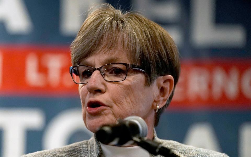Kansas Gov. Laura Kelly speaks to supporters at a watch party - AP Photo/Charlie Riedel