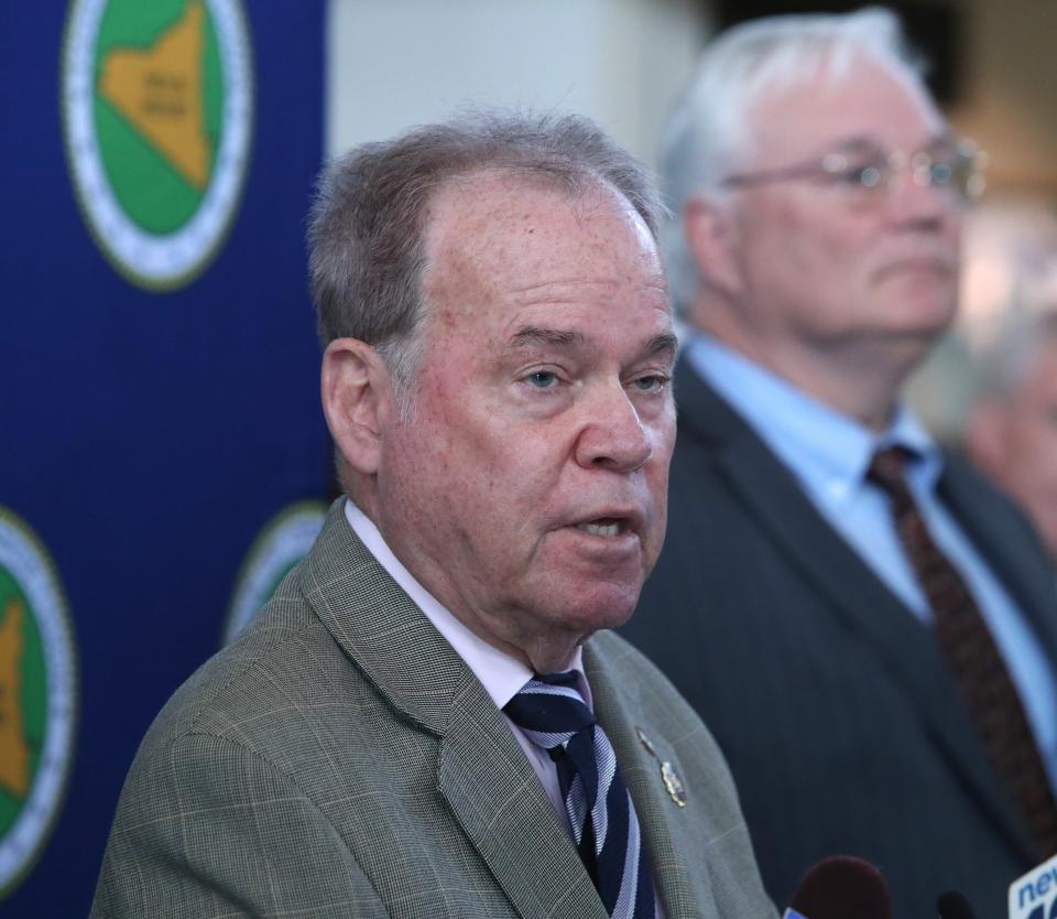 Rockland County Executive Ed Day speaks at Orangetown Town Hall about the efforts to block migrants from New York City from being bused to Rockland May 10, 2023.