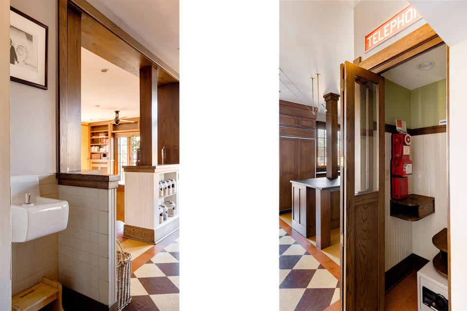 Just off the kitchen are a drinking fountain (left) and a telephone booth (right).