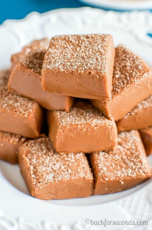 <p>Back For Seconds</p><p>This Easy Cinnamon Snickerdoodle Fudge is the perfect recipe for you if you think you can’t make fudge. Creamy, no fail, and tastes like a snickerdoodle! </p><p>Get th recipe: <a href="http://backforseconds.com/easy-cinnamon-snickerdoodle-fudge/" rel="nofollow noopener" target="_blank" data-ylk="slk:Cinnamon Snickerdoodle Fudge;elm:context_link;itc:0;sec:content-canvas" class="link rapid-noclick-resp"><strong>Cinnamon Snickerdoodle Fudge</strong></a></p>