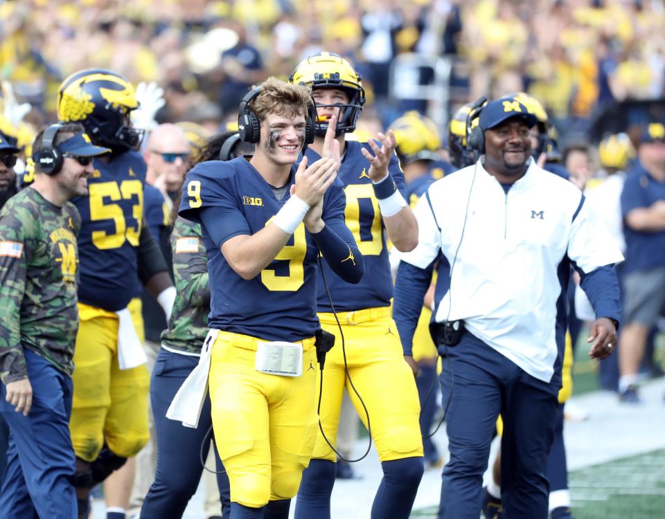 Michigan Wolverines quarterback J.J. McCarthy (9) on the sidelines during the second half against the Connecticut Huskies at Michigan Stadium, Saturday, September 17, 2022.