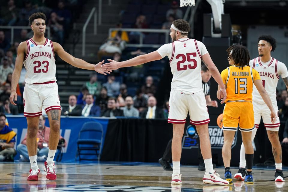 Mar 17, 2023; Albany, NY, USA; Indiana Hoosiers forward Trayce Jackson-Davis (23) and forward Race Thompson (25) in the second half against the Kent State Golden Flashes at MVP Arena. Mandatory Credit: David Butler II-USA TODAY Sports