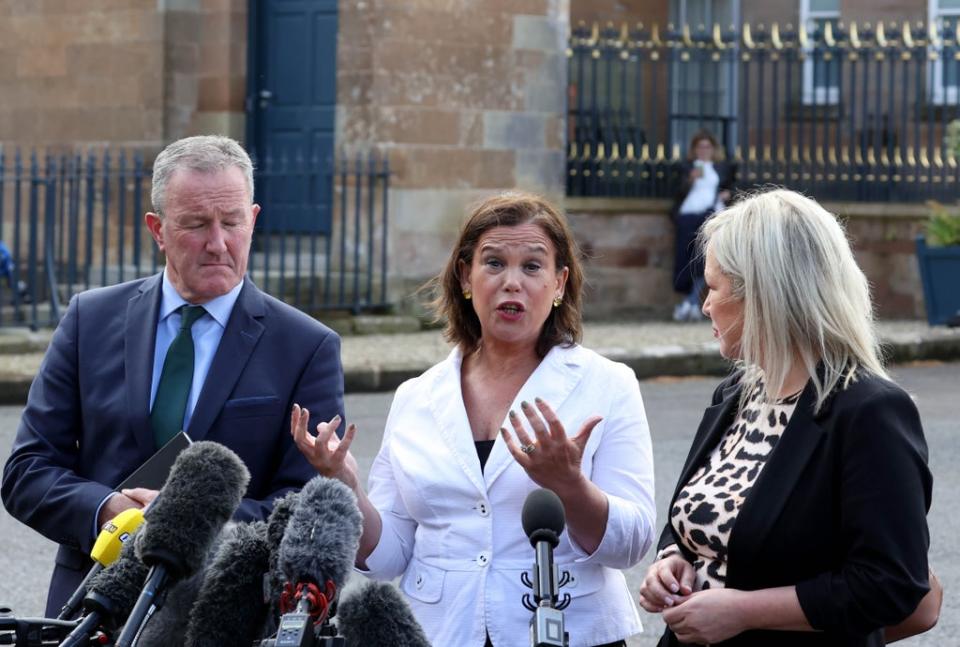 Mary Lou McDonald (centre), speaks to the media alongside Conor Murphy and Michelle O’Neill after their meeting with Prime Minister Boris Johnson at Hillsborough Castle (Liam McBurney/PA) (PA Wire)