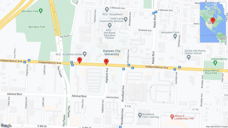 A detailed map that shows the affected road due to 'Independence Avenue/US-24 closed in Kansas City' on June 22nd at 8:50 p.m.